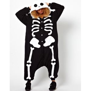 KIMU Onesie Skelet Pak - Maat L-XL - Skeletpak Kostuum Zwart Wit Botten - Halloween Huispak Jumpsuit Pyjama Zacht Dames Heren Overall Festival