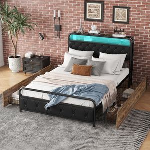 Sweiko 140*200cm Tweepersoonsbed, Bed met Ijzeren frame, Bedlampje, Uitgerust met USB-aansluiting, met draadladen, Hoofdbord en voeteneind met ruitvormige treklipjes, Zwart