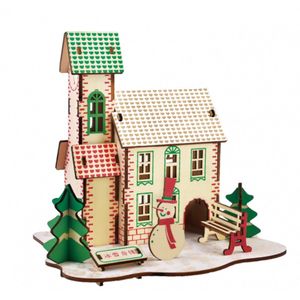 Bouwpakket 3D Puzzel Huisje Kerst Winter Sneeuwpop van hout