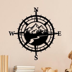 Zwart metalen berg nautisch kompas wanddecor, bos decoratieve binnen- of buitenmuurhangende kunst, perfect voor strandkustthema's