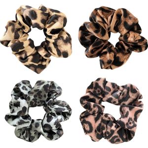 Scrunchie kraagjeskopen.nl - panterprint lichtbruin groen bruin koper satijn exclusief haarwokkel haarelastiek - 4 stuks - extra groot - scrunchies