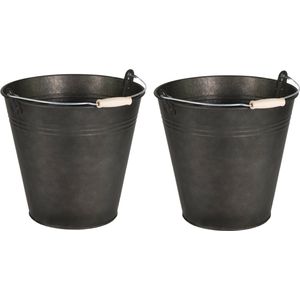 Mega Collections Emmer/plantenpot/bloempot - 2x - zink - zwart - D28 x H27 cm