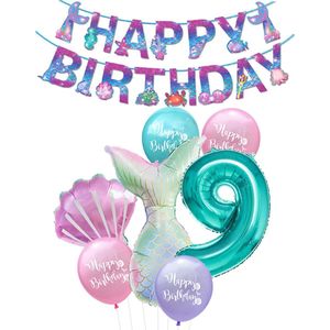 Cijfer ballon 9 Turquoise - Zeemeermin - Mermaid - Meermin - Plus Ballonnen Pakket - Kinderfeestje - Verjaardag Slinger - Snoes
