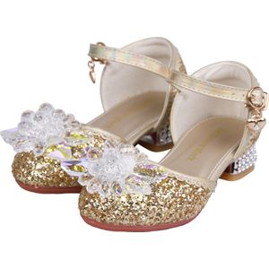 Prinsessen schoenen + Toverstaf meisje + Tiara (Kroon) + Lange handschoenen- Goud - maat 31 - cadeau meisje - prinsessen schoenen plastic - verkleedschoenen prinses - prinsessen schoenen speelgoed - hakschoenen meisje