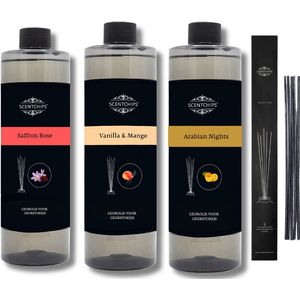 Navulling Saffron Rose + Vanille & Mango + Arabian Nights + Geurstokjes - Geurstokjes Navulling Set van 3 + 5 Geurstokjes - Geurverspreider - Luchtverfrisser - Huisparfum - 400ml x 3