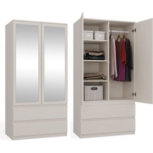 Kledingkast - Creme - 90 cm - Met Spiegel - TIP-ON Kastdeursysteem