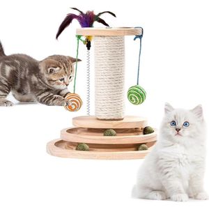 Interactieve Houten Speelset voor Katten met Draaibare Ballen en Krabzuil