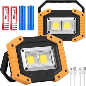 Oplaadbare Led-schijnwerper 30 W 1500 lm - Projector voor bouwplaatsen - Werklicht 3 modi COB waterdicht - Werkt op batterijen - Voor garage vissen wandelen - Inclusief 4 batterijen