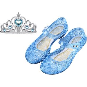 Prinsessenschoenen klittenband + kroon (tiara) - blauw - maat 24/25 - vallen 1-2 maten kleiner - Het Betere Merk - verkleedschoenen prinses - prinsessen schoenen plastic - Giftset voor bij je Prinsessenjurk - binnenzool 15 cm