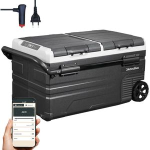 Skandika Auto-Koelbox Routa 75 Liter – Koelboxen - 75 L +20 ° tot -20 °C - Compressor koelbox met tussenschot, stil, eco-modus, met 12 V stekker of netadapter voor stopcontact – Met App - Camping koelkast voor auto, bus, camper – zwart/grijs