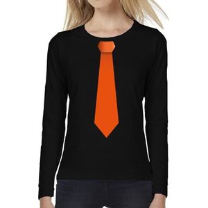 Stropdas oranje long sleeve t-shirt zwart voor dames- zwart shirt met lange mouwen en stropdas bedrukking voor dames XS