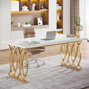 TRIBESIGNS - Computertafel - Bureau voor Thuiskantoor - Met Gouden Poten - Modern - Goud en Wit - 160 x 80 x 75 cm