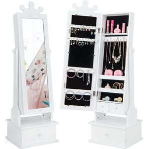 COSTWAY Sieradenkast voor kinderen, spiegelkast, kantelbaar met full-body spiegel, 2 verstelbare hellingshoeken en 3 laden, sieradenrek, make-upspiegel in kroonvorm, voor kinderen vanaf