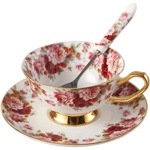 Porseleinen keramische theekop kop koffie met schotel, bloemen, wit en rood