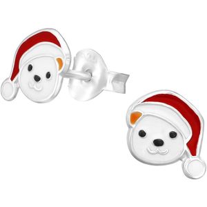 zilveren kinderoorbellen ijsbeertje met kerstmuts | Zilverana | kerst oorsteker meisje | Sterling 925 Silver (Echt zilver)