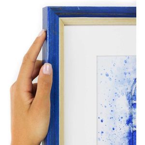 Vintage donkerblauwe smalle kader met witte passe partout. (Handgemaakt) Fotoformaat 30x50s-sKaderformaat 40x60