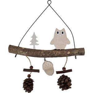 Kerst Hangdecoratie Uil - Bruin - Hout / IJzer - 22 x 26 cm