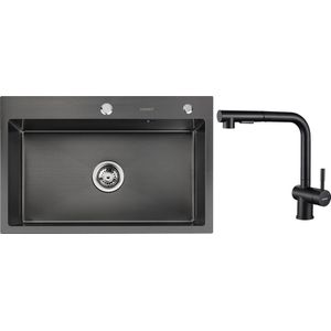 Lonheo max Spoelbak Keuken 68x45 - Met keukenkraan met uittrekbare uitloop - Inbouwspoelbak - Gootsteen RVS - Spoelbak Met Kraangat - Spoelbak Met Zeepdispenser - Verstelbaar Mandje - Antraciet