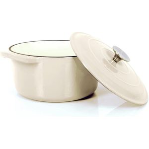 Stoofpan van gietijzer met emaille coating, gietijzeren pan, braadpan met deksel, broodbakpan rond, geschikt voor ovens, grill, BBQ en inductie, crème, 3,5 l, Ø 22,5 cm, groot