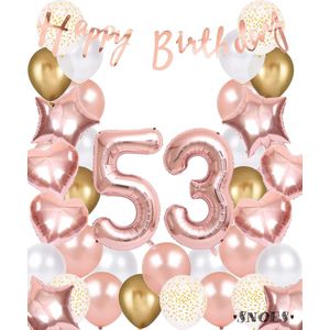 Snoes Ballonnen 53 Jaar Rose Gold White Dots - Compleet Feestpakket met cijfer ballon 53 jaar - Verjaardag Versiering Slinger Happy Birthday – Folieballon – Latex Ballonnen - Helium Ballonnen - Rose Feestpakket