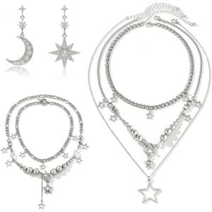 Sterrenketting, sterarmband en Star Moon oorbellen set - Punkstijl sieraden voor vrouwen