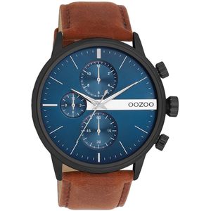 OOZOO Timepieces - Zwarte OOZOO horloge met bruine leren band - C11222