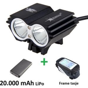 SolarStorm X2 set - USB MTB/race LED koplamp EXTREEM veel licht met 2x CREE T6 LED - met 20.000 mAh LiPo Powerbank en handig frametasje