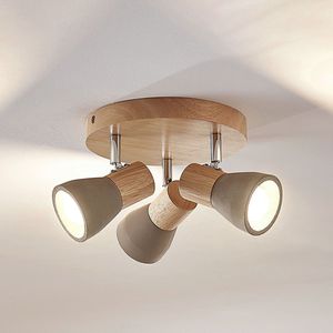 Lindby - buitenspot - 3lichts - Beton, hout, metaal - H: 15 cm - E14 - betongrijs, licht hout, gesatineerd nikkel