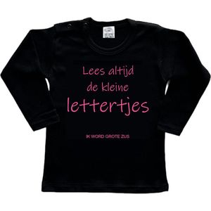 Shirt Aankondiging zwangerschap ""Lees altijd de kleine lettertjes (ik word grote zus)"" | lange mouw | Zwart/roze | maat 86 zwangerschap aankondiging bekendmaking Baby big bro Sis Sister