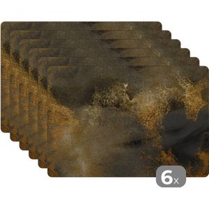 Placemat - Placemats kunststof - 45x30 cm - Goud - Abstract - Verf - Zwart - 6 stuks - Borden onderleggers antislip - Tafel decoratie - Luxe tafelversiering - Tafelmat vinyl - Bord onderlegger - Tafeldecoratie accessoires