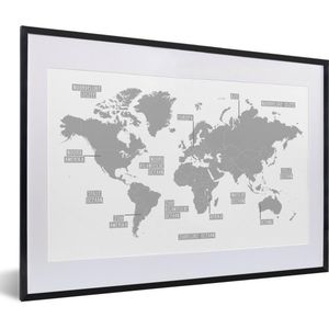 Fotolijst incl. Poster Zwart Wit- Licht grijze wereldkaart - zwart wit - 60x40 cm - Posterlijst