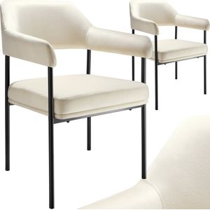 tectake® Eetkamerstoel met armleuning - Fluweelzachte stof - Gestoffeerd met stalen poten - set - div kleuren - Set van 2 stoelen - Offwhite met zwarte poten