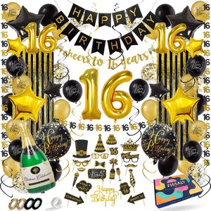 Fissaly Sweet 16 Jaar Zwart & Goud Verjaardag Decoratie Versiering - Helium, Latex & Papieren Confetti Ballonnen