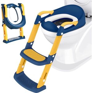 Kinder wc-bril voor peuters: potje toilettrainer met trapje voor jongens en meisjes baby - verstelbare en opvouwbare reisbadkamerstoel met spatbescherming en handvatten | Blauw