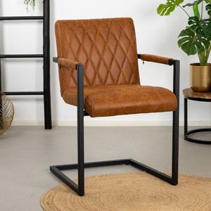 Bronx71® Eetkamerstoel industrieel cognac Diamond - Eetkamerstoelen met armleuningen - Eco leer stoel waterafstotend - Eetkamerstoel met armleuning