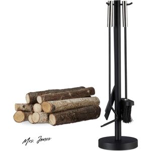 Mrs. Jones Haardset Modern 4-delig met Houder Bezempook Haardstel Zwart - Haardset Klassiek Comfortabele Grip .