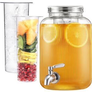 Navaris drankdispenser met kraantje 4 L - RVS tapkraan en deksel - Drank dispenser - Limonadetap met fruit infuser en ijsinzet - Geribbeld design