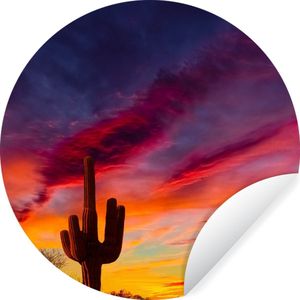 WallCircle - Behangcirkel - Cactus - Zonsondergang - Paars - Natuur - Zelfklevend behang - ⌀ 140 cm - Cirkel behang - Behangcirkel zelfklevend - Behang rond - Cirkel behang