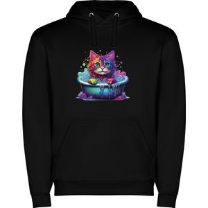 Zwarte unisex hoodie met “ Kleurrijke Poes in badkuip met veel schuim – schattig “ Print Full Color merk Roly maat L