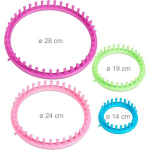 breiring set, 4 knitting looms, Ø 28cm, 24cm, 19cm, 14cm, mutsen, sjaals, breihaak, pompommakers, gekleurd