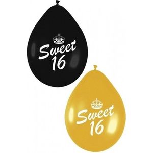 12x Sweet Sixteen themafeest ballonnen zwart/goud - Feestartikelen leeftijd 16