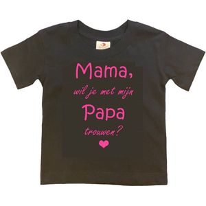 T-shirt Kinderen ""Mama, wil je met mijn papa trouwen?"" | korte mouw | Zwart/roze | maat 98/104