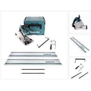 Makita DSP 600 ZJ accu invalcirkelzaag 36V (2x 18V) borstelloos + 2x geleiderail + schroefklemmen + geleiderailaansluiting + afkortaanslag ( 165447-6 ) + Makpac - zonder accu, zonder oplader