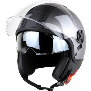 Motocubo - top cube - jethelm - dubbel vizier - mat grijs - zwart leer - maat S - snorfiets, scooter en motorhelm - ECE 22.06