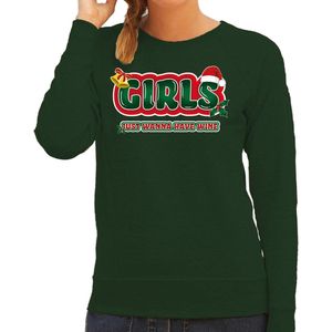 Bellatio Decorations foute kersttrui/sweater voor dames - girls just wanna have wine - groen/rood XL