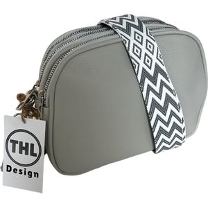 THL Design - Kleine Dames Schoudertas - Klein Tasje - 3 vakken - Bag Strap - Tassenriem grijs / wit - Grijs