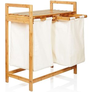 Wasmand van bamboe met 2 afneembare witte zakken, opbergmand circa 73 x 64 x 33 cm