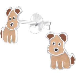 Joy|S - Zilveren hond oorbellen - bruin - 6 x 8 mm