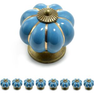 Vintage kastknop van keramiek - Set meubelknoppen kroon porselein antieke bronzen versiering - Set van 8 blauw