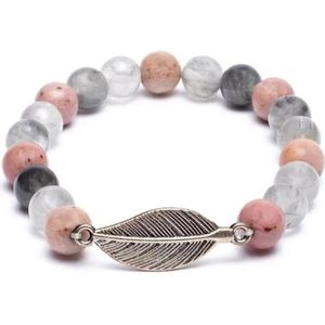Mala/armband rhodoniet- grijze kwarts + veer